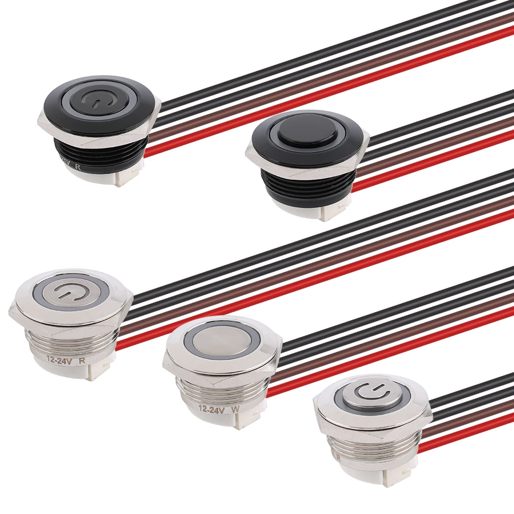 1 Stück 16 mm ultrakurzer Metall-Drucktastenschalter mit Draht, kurzzeitiger Reset mit LED-Licht, flach/hoher Kopf, 6 V, 24 V, Jog-Schalter – Detail 4