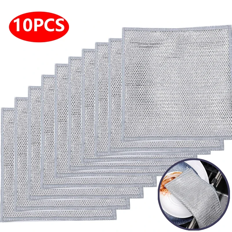 Cleaning Cloth 10/5/3PCS 20cm Metal Wire Mesh Double-layer Non-stick Oil Steel Wire Dishcloths Kitchen Pan Pot Dishes Cloths