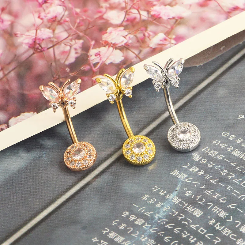 wholesales body piercing belly rings 3 colors butterfly dangle navel bar 14g belly button barbell set women fashion belly jewelr