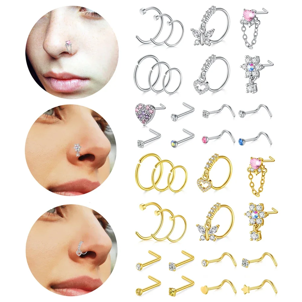 Small Open Nose Rings Love Heart Pendant Nose stud L Shaped Butterfly Flower Stainless Steel Spiral Piercing Jewelry 18Pcs