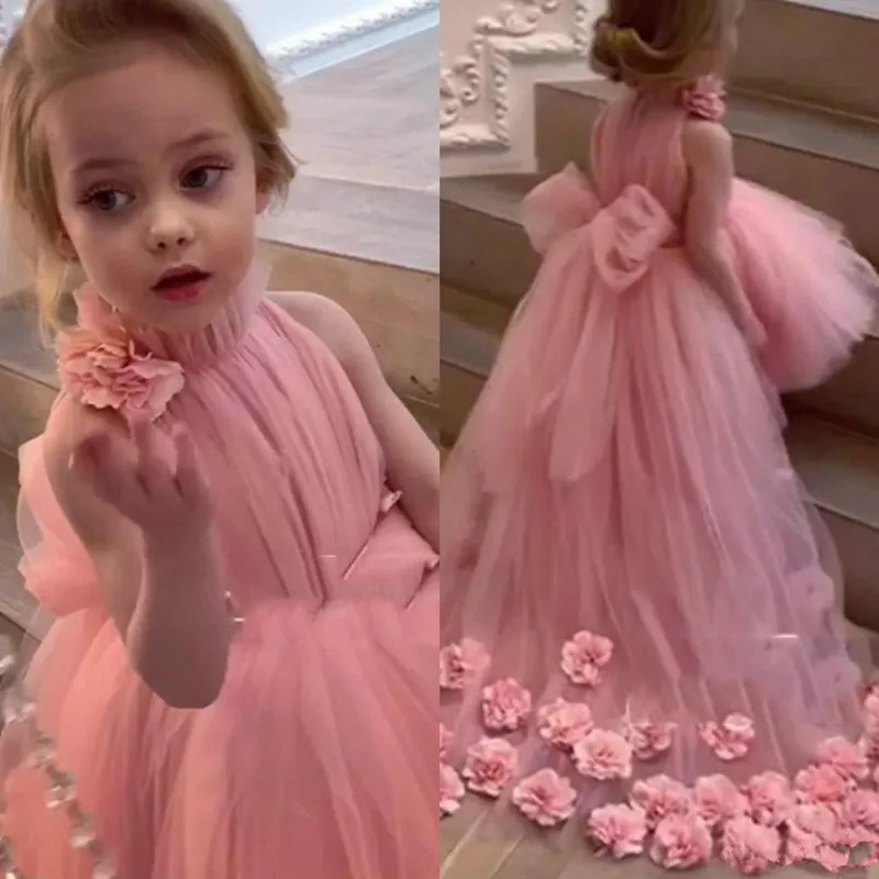 

Pink Flower Girl Dresses For Wedding 3d Applique Tulle Puffy Sleeveless Ball Gown Junior Bridesmaid Dress For Kids Pageant Wear