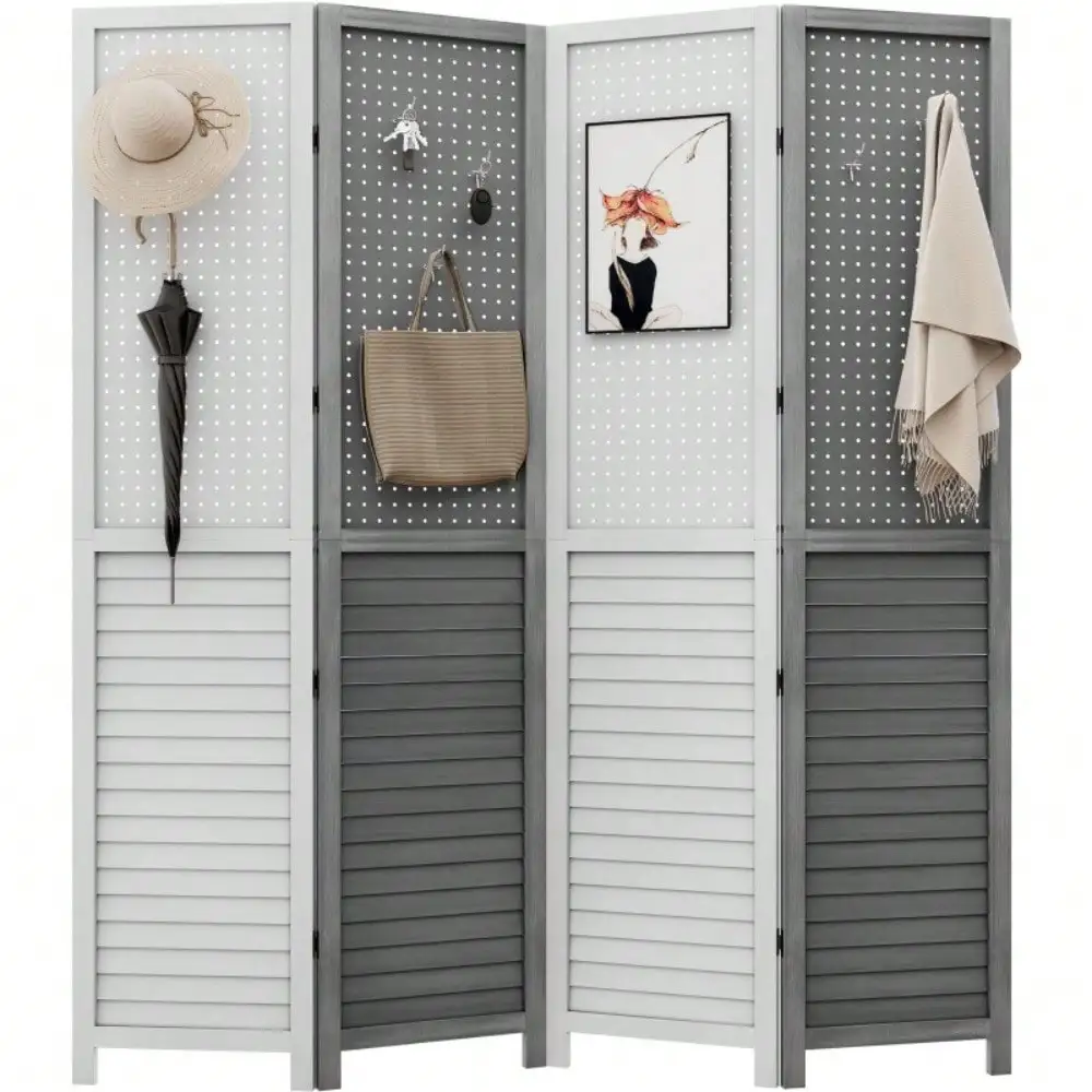 4 Panel Room Divider Folding Privacy Screens with Pegboard Display Freestanding