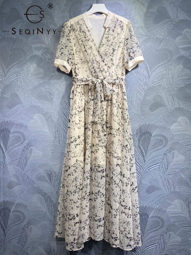 

SEQINYY Casual Beige Dress Summer Spring New Fashion Design Women Runway High Street Short Sleeve Black Flowers Print Belt