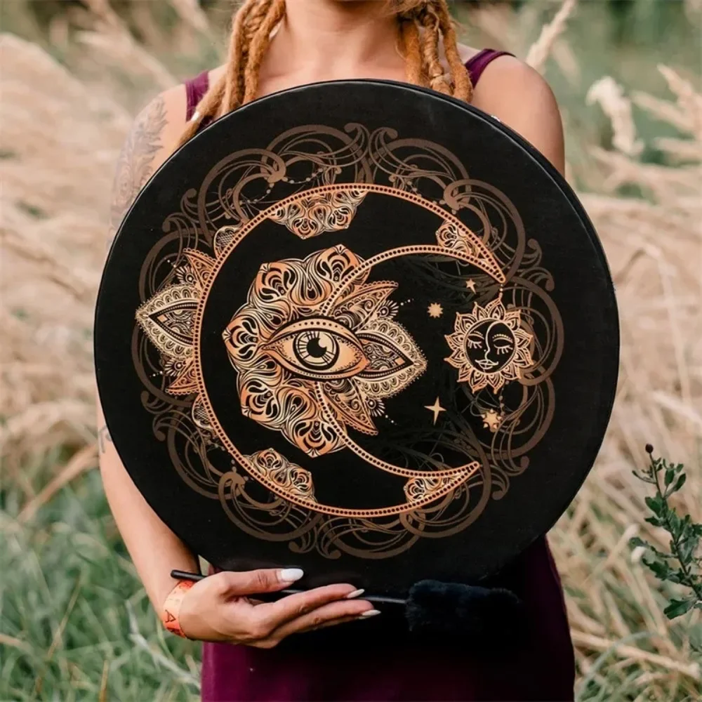 25cm Sound Healing Tool Faux Sheepskin Drumhead Percussion Musical Instrument Lunar Eclipse Shaman Drum Alchemical Moon Style