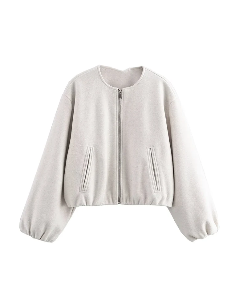Women Cropped Bomber Jacket Autumn New Long Sleeve Round Collar Outerwears Casual Ladies Winter Fashion Zip Up Short Coats