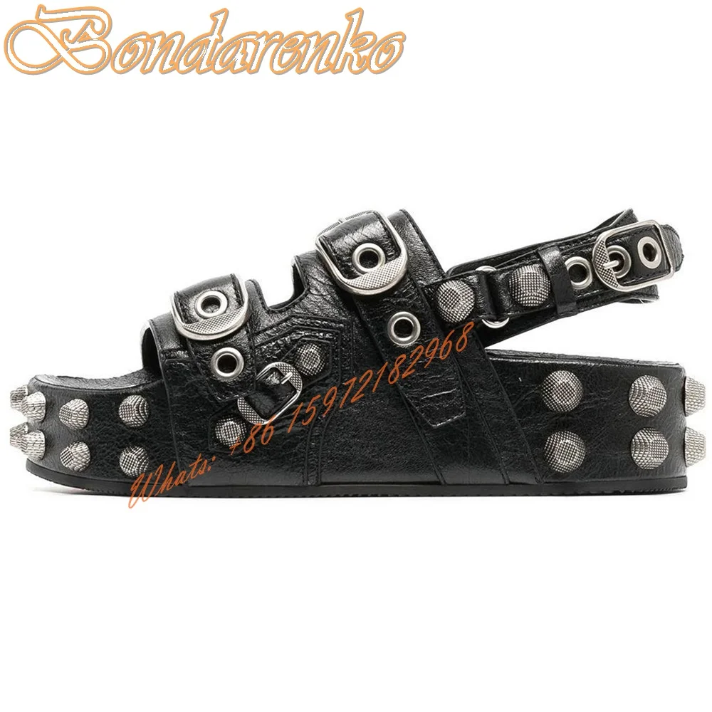 

Rivet Buckles Metal Sandals Open Toe Slingback Thick Sole Solid Leather Sandals Women Sexy Shoes Summer Designer Party Shoes New