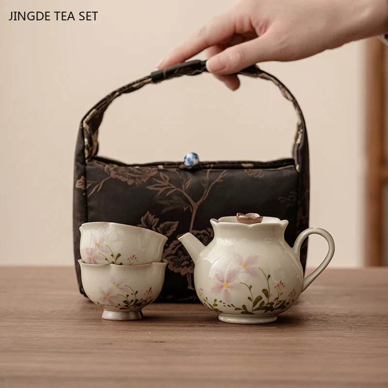 Portable Ceramic Tea Set Household One Pot Two Cups Storage Bag Set Outdoor Travel Teaware Custom Tea Pot and Cup Set