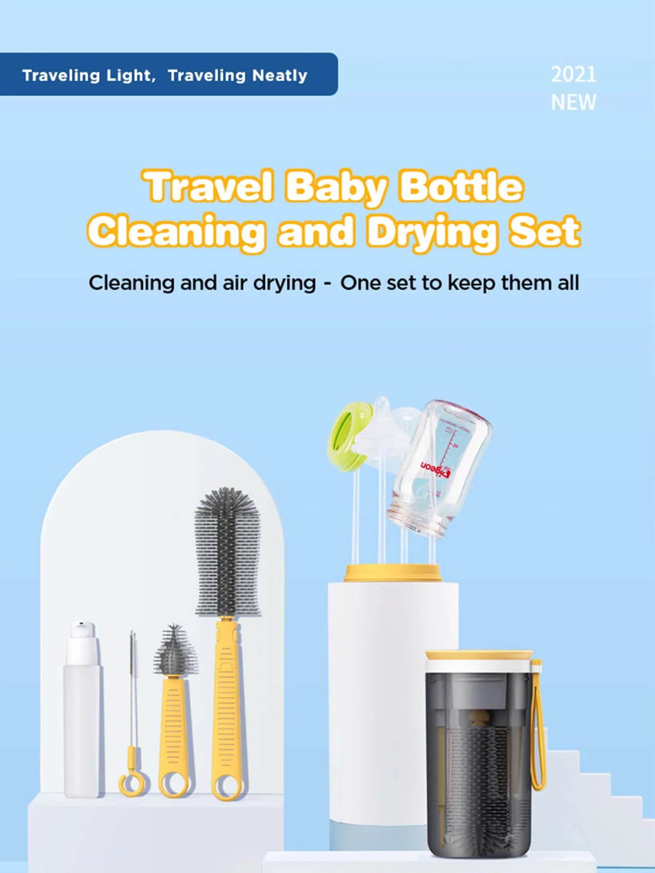 Description Picture 2 of itemortable Bottle Brush Set, ABS Material, with Silicone Brushes, Drain Rack, and Bottle Accessories, with Plastic Handle, for Ages