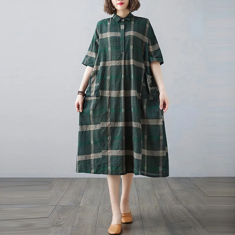 

Women Casual Long Dress New Arrival 2024 Spring Vintage Style Plaid Pattern Loose Female Cotton Linen Holiday Dresses B3304