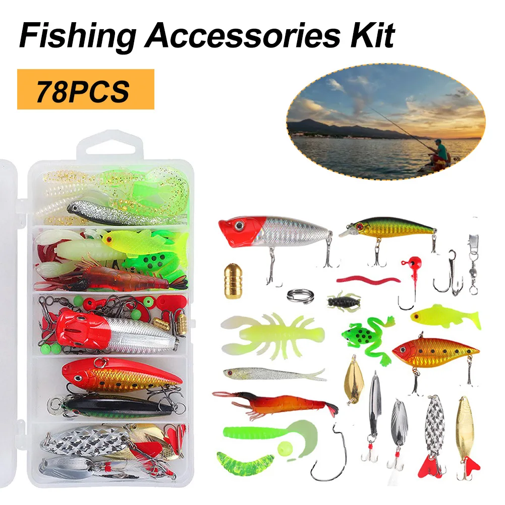

78pcs Fishing Lure Accessories Kit Mixed Hard Wobbler Metal Jig Spoons Soft Lure Silicone Bait Fishing Tackle Accessories Pesca