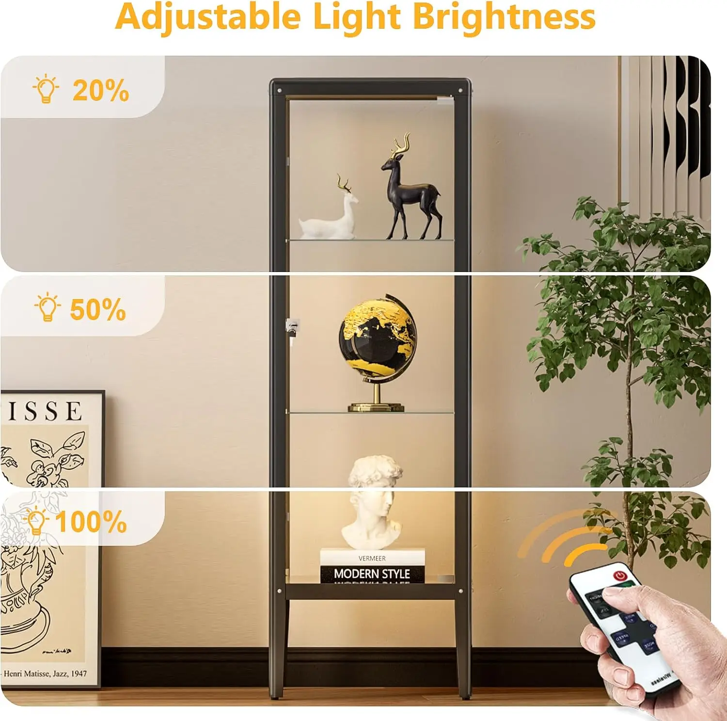 Glass Display Cabinet with LED Light, Adjustable 3-Shelf Shelves, Curio Cabinets Metal Storage Display Case
