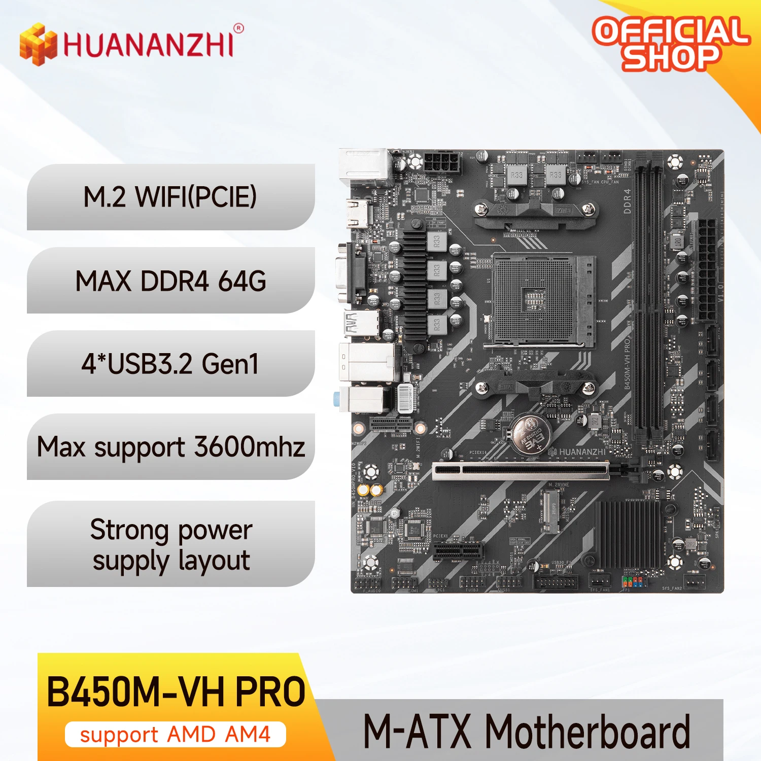 Placa base para juegos HUANANZHI AMD B450M VH PRO USB3.0 M.2 Nvme Sata3 compatible con procesadores Ryzen 5500, 5600 y 5600G