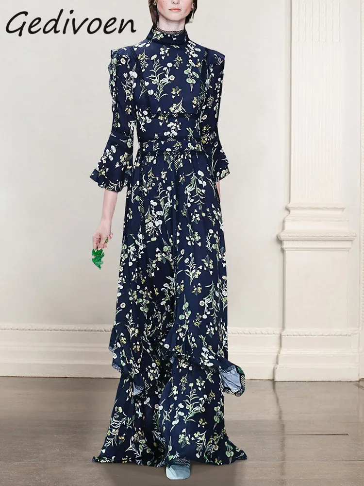 

Gedivoen Fashion Designer Summer Vintage Dress Women's Lace Stand Collar High Waist Ruffles Vacation Dark Blue Print Long Dress