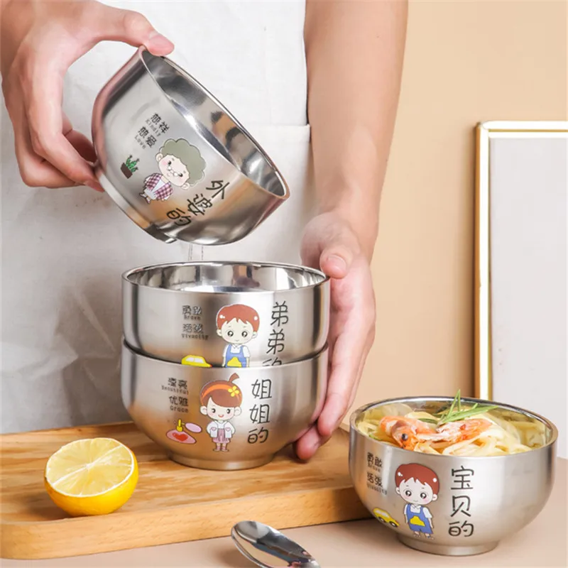 Double Wall Cute Children Soup Bowl Kitchen Stainless Steel Steamed Rice  Fruit Bowls Metal Camping Tableware for Food Container - AliExpress