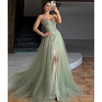 Cathy Light Green Embroidered V Neck Prom Dress Side High Split Tulle vestidos de noiva Customize A-line Floor-length Graduation 1