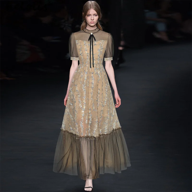 

Helolis Runway Fashion Designer Sequins Embroidery Mesh Dress Women Round Neck Puff Sleeve Vintage A Line Maxi Dresses Vestidos