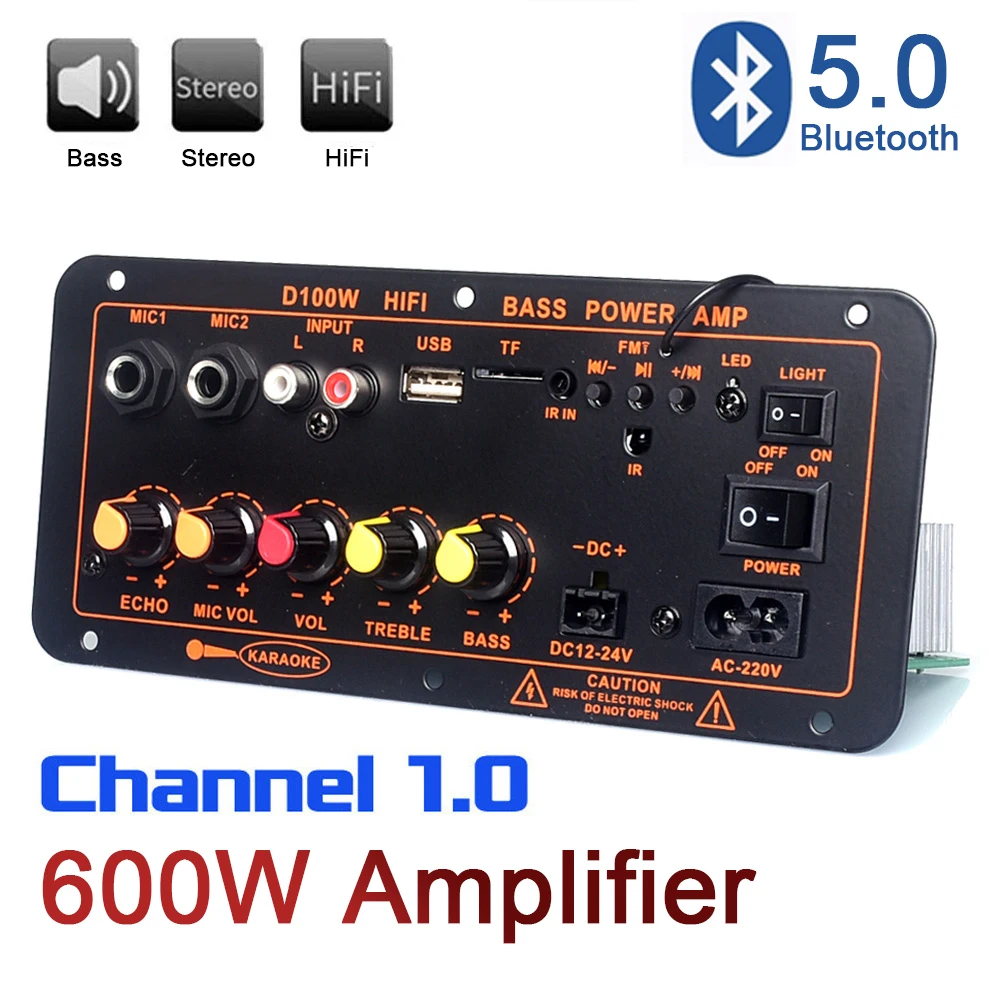 600W Bluetooth 5.0 Audio Amplifier Board D300 Dual Microphone Subwoofer Amplifier Module DC12V 24V 1CH HIFI Stereo Power AMP power filter board module emi filter ac mains purification hifi audio noise reduction anti interference 4a