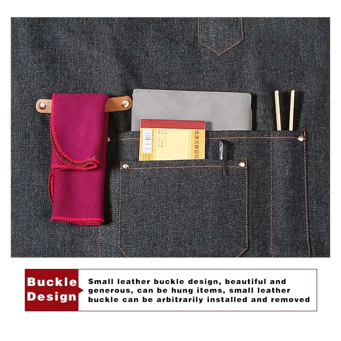 Mode bestickte Schürze Männer und Frauen Denim Canvas Ledergürtel Schönheitssalon Café Begleiter stilvolle Küche Arbeitskleidung – Detail 4