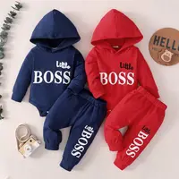 2024 Spring Autumn Infant Toddler Letters Print Hooded Solid Color Two-piece Suit 0-24M Baby Boys Bodysuits+Long Pants Set 1