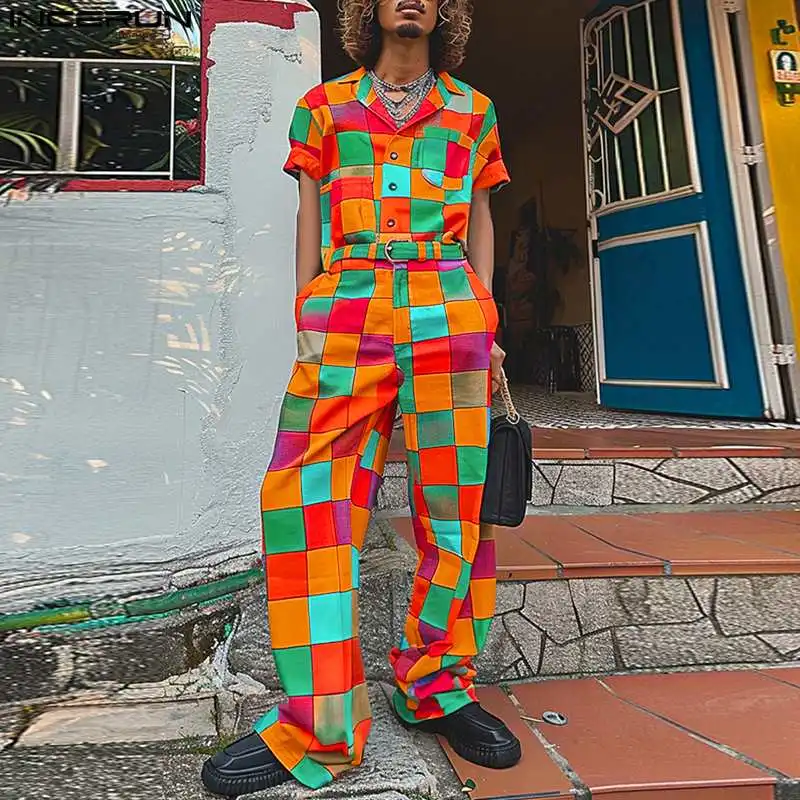 

Комбинезон мужской с принтом, короткий рукав, отворот, пуговицы, уличная одежда, повседневный СВОБОДНЫЙ Модный костюм, лето 2024