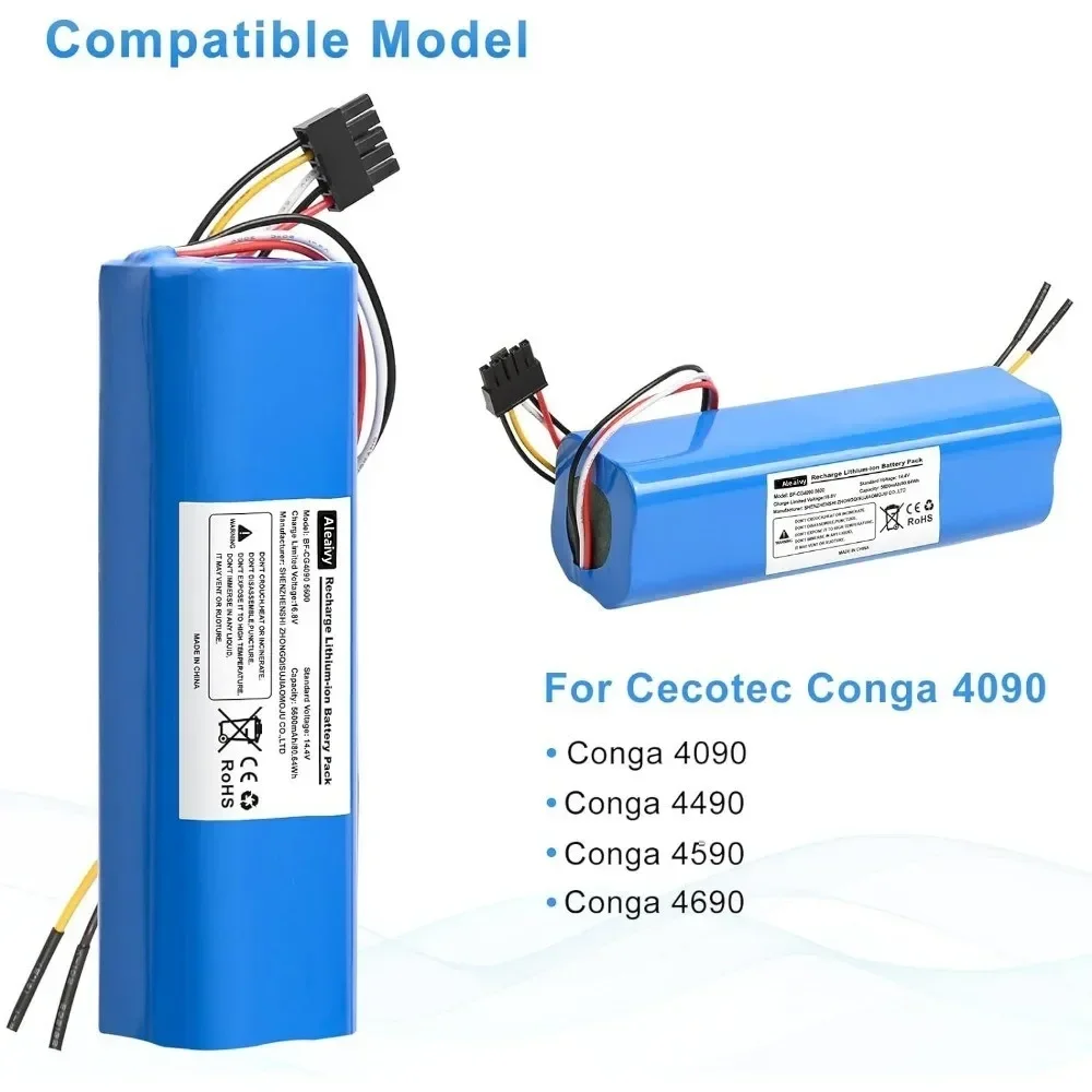 

Aleaivy 12800mAh Li-ion Battery for CECOTEC CONGA 4090 5090 3090 1690 1890 2090 Robot Vacuum Cleaner 14.4V 18650 Battery Packs