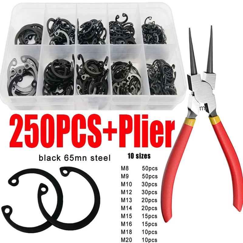 250Pcs C-clip Washers+PlierM8 M9 M10 M12 M13 M14 M15 M16 M18 M20Internal External Retaining Circlips Retaining Ring Carbon Steel