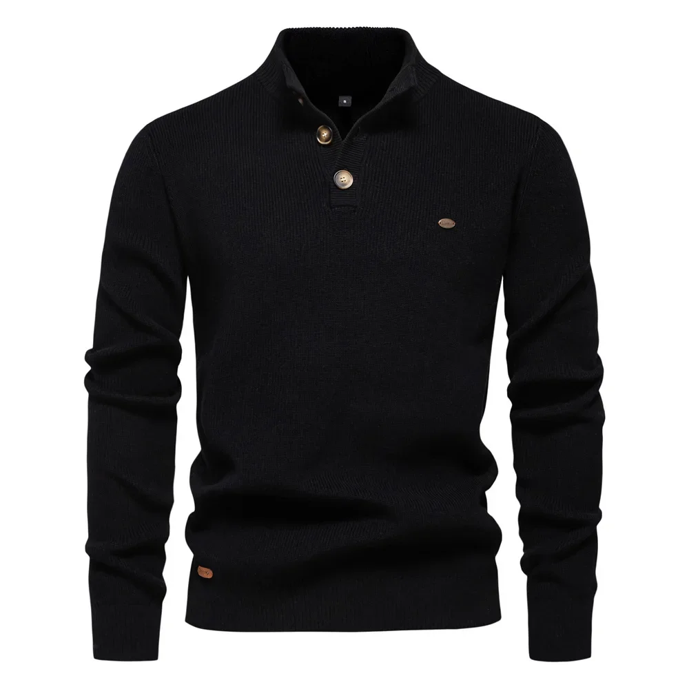 Autumn Winter Mens Sweater Half High Neck Zipper Solid Elastic Slim Fit Long Sleeve Pullover Men Business Casual Knit Sweaters 2