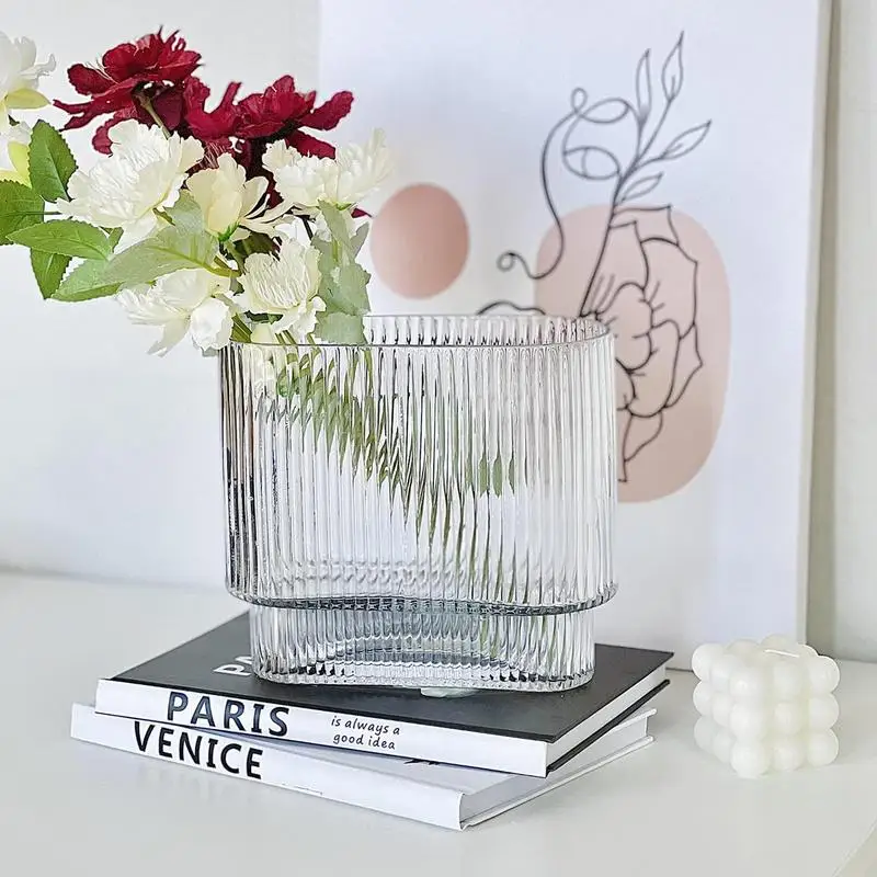 Vertical Pattern Glass Vase Nordic Transparent Hydroponic Flowerpot Decorative Ornaments Living Room Flower Vase Home Decoration 2