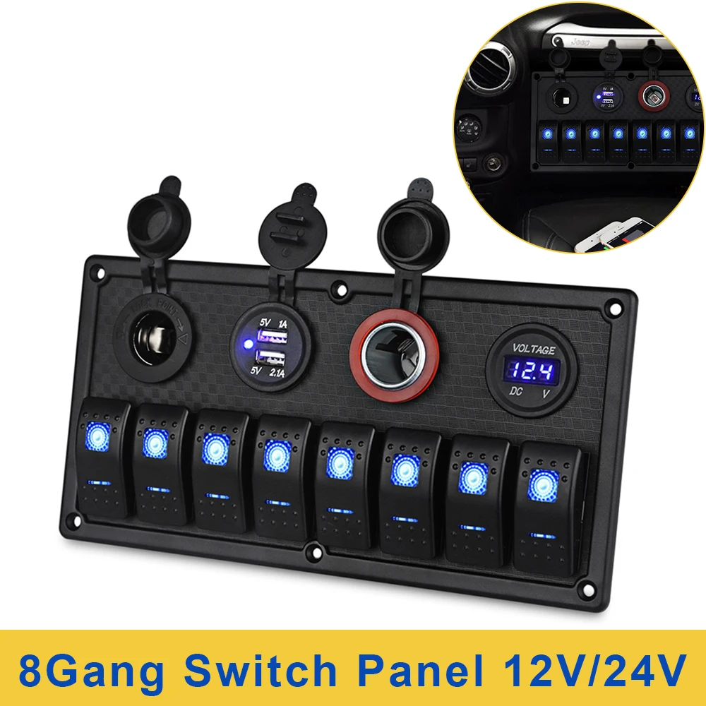 

8 Gang Car Marine Switch Panel 12V 24V Voltmeter Dual USB Cigarette Lighter Socket Toggle Switch Panels For Car Boat Truck RV
