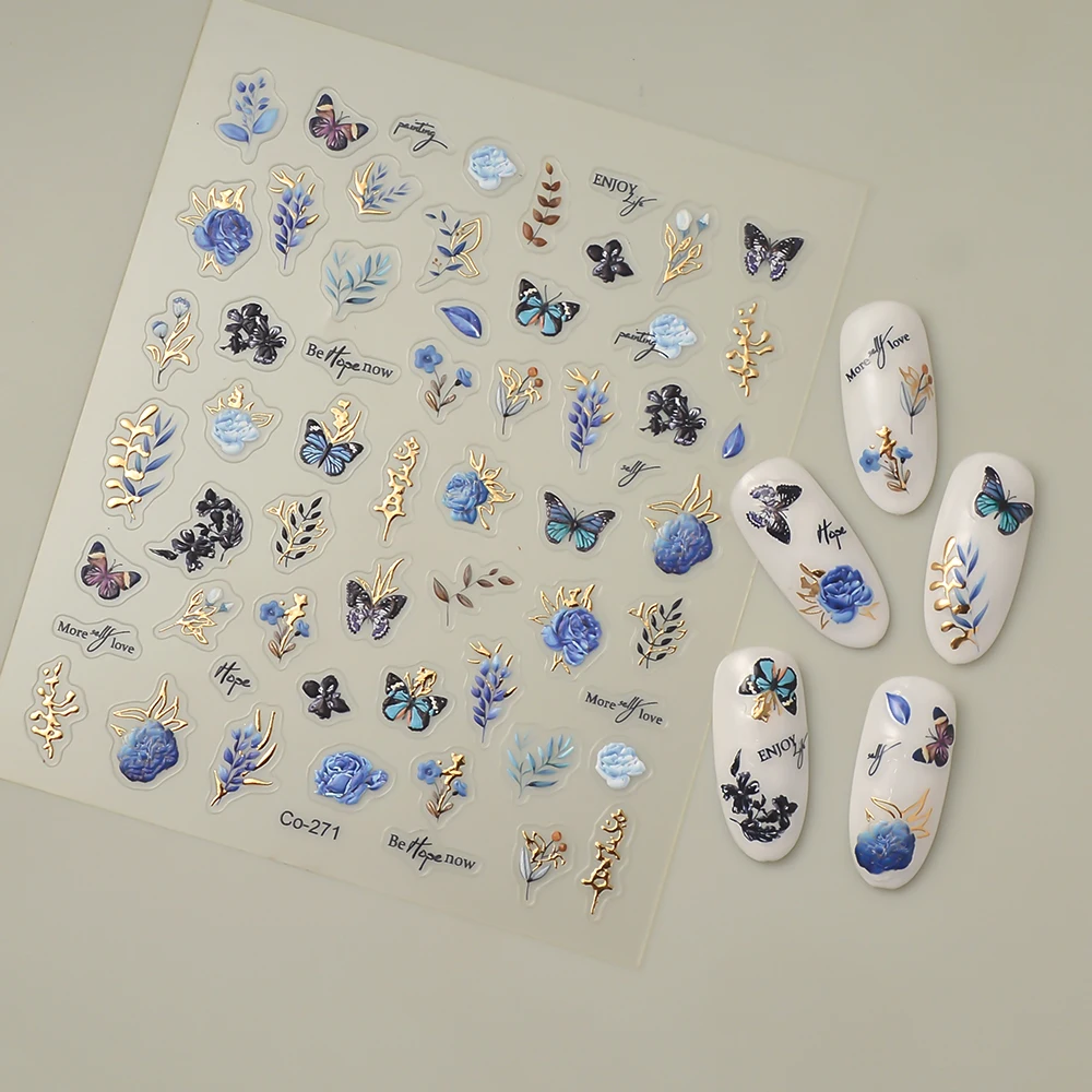 Embossed Nail Sticker Gel Polish Sticker Gold Flower Leaf Nail Art Decals Relief Adhesive Sliders CO-271