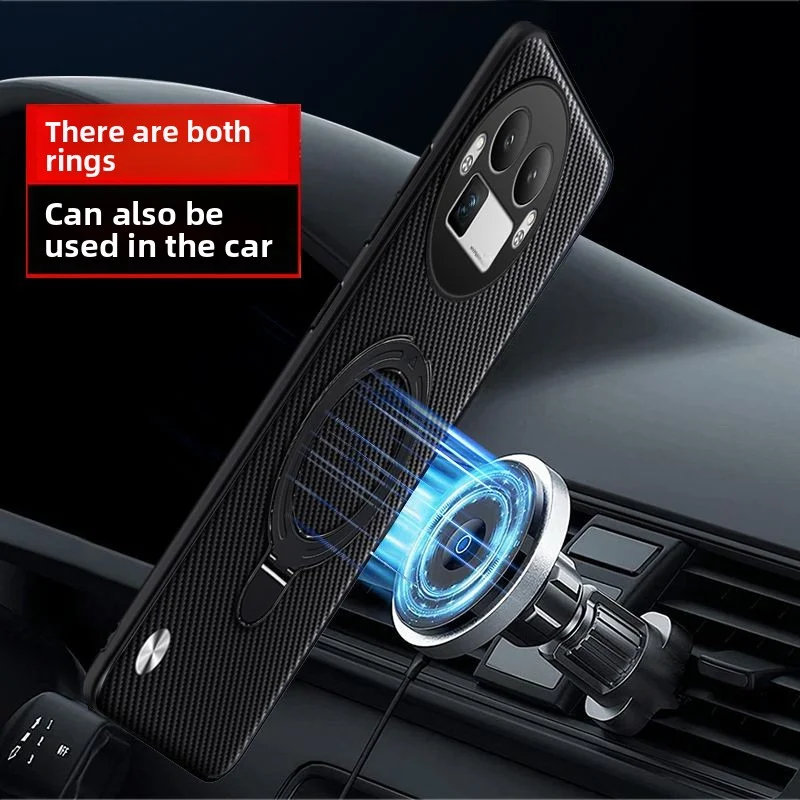 Carbon Fiber Magnetic Ring Stand Protective Case - Hard PU Back Cover