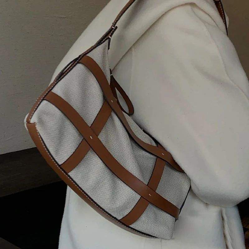 

Niche Design Crescent Designer Bag Fashion Hollow Woven Wild Canvas Fashionable Purses Large-capacity Stitching Vegetable Basket