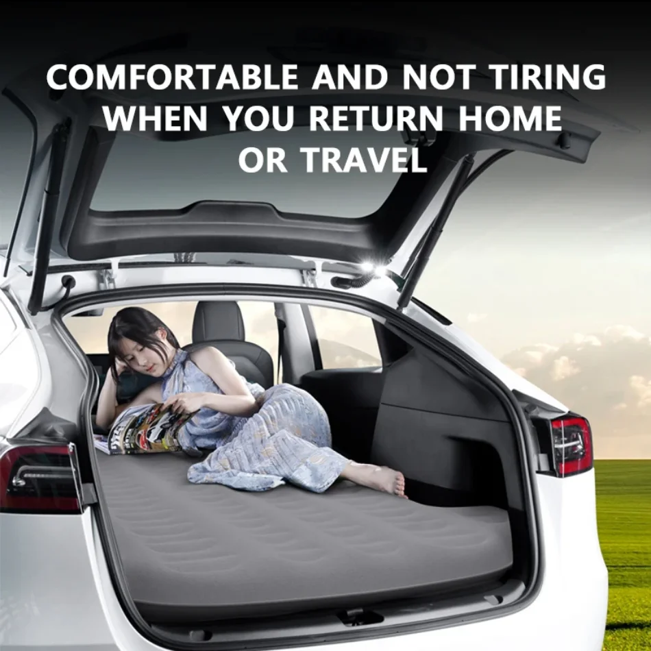 Portable Car Inflatable Mattress for Tesla Model Y-Outdoor Camping Flocking Surface Memory Foam with Electric Air Pump