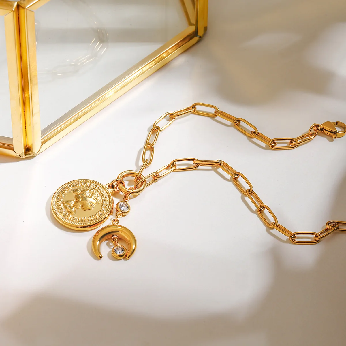 Punk Stainless Steel Stackable Circular Moon Bracelet Pendant  Bracelet Pearl Zircon Chain Bangle Women's Jewelry Gift for Her