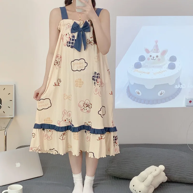 Sweet Cute Nightdress Women Princess Nightgown Lady Sleeveless Sleepwear Summer Female Cotton Nightgowns Loose Home Clothes