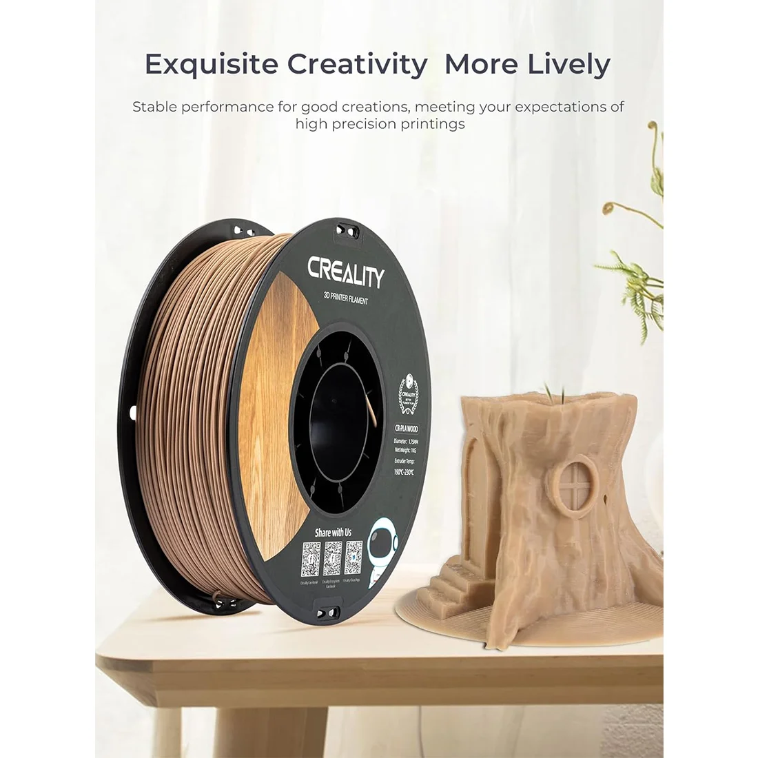 Creality 3D 우드 필라멘트 PLA 3D 프린터 필라멘트 1.75mm 부드러운 실크 질감 강도 1kg(2.2lbs)/ 모든 FDM 프린터용(우드)