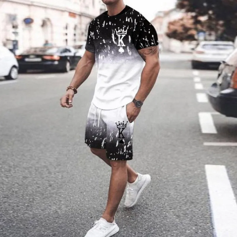 New Man Suit Casual Two Piece Set Men Streetwear Short Shirts+Shorts Pants Fashion Oversized KING 3D Printed Clothes Jogging