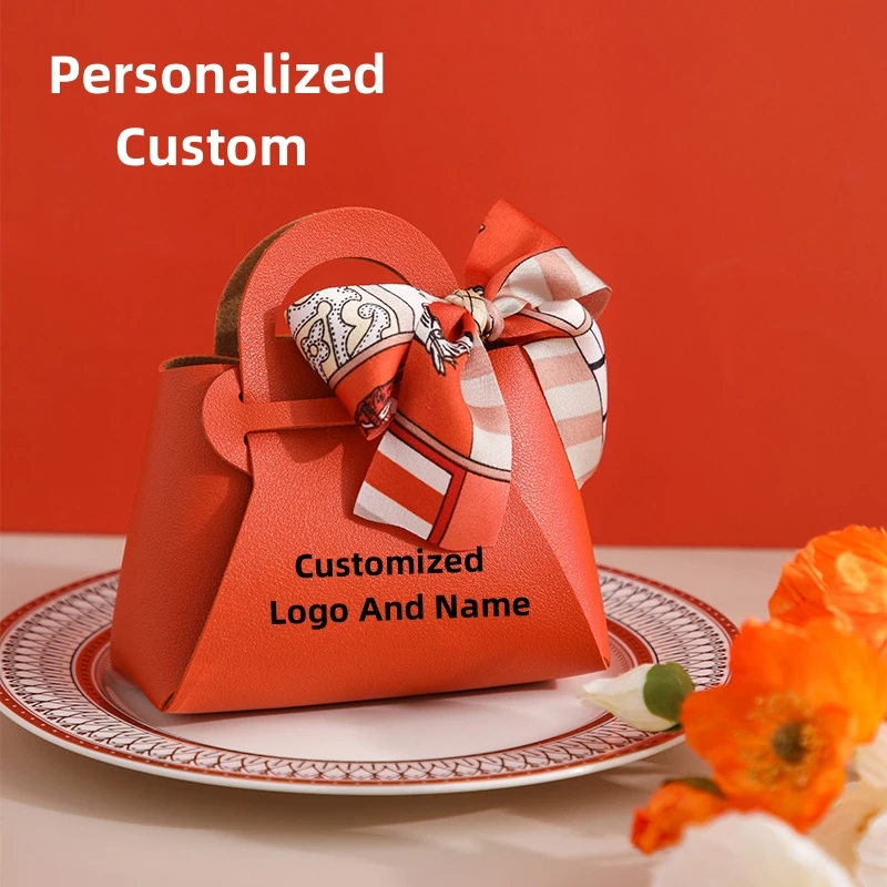 

50pcs Customized Name Leather Gift Bags for Wedding Guest Favour Box with Ribbon Candy Packaging Box Distributions Party Gifts
