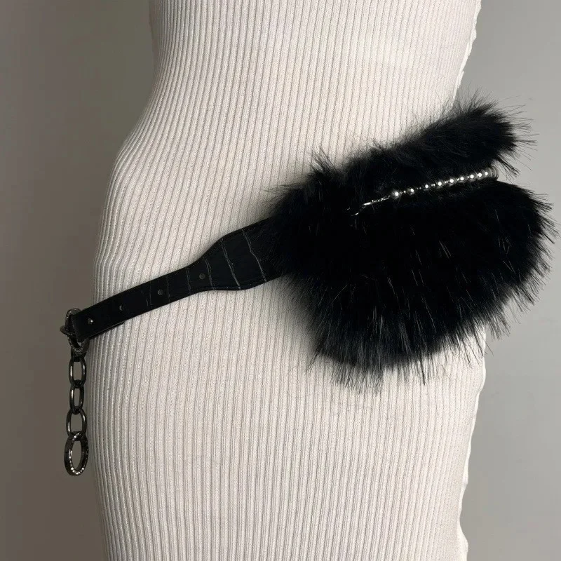 Black fur Pearl waist chain Rhinestone