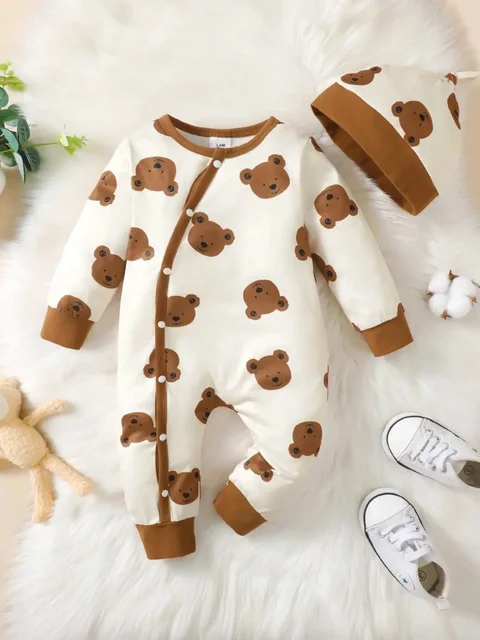 Barboteuse d'hiver pour nouveau-né garçon, imprimé ours, manches longues, boutonnée sur le devant, une pièce, vêtements doux à la mode pour bébé 1