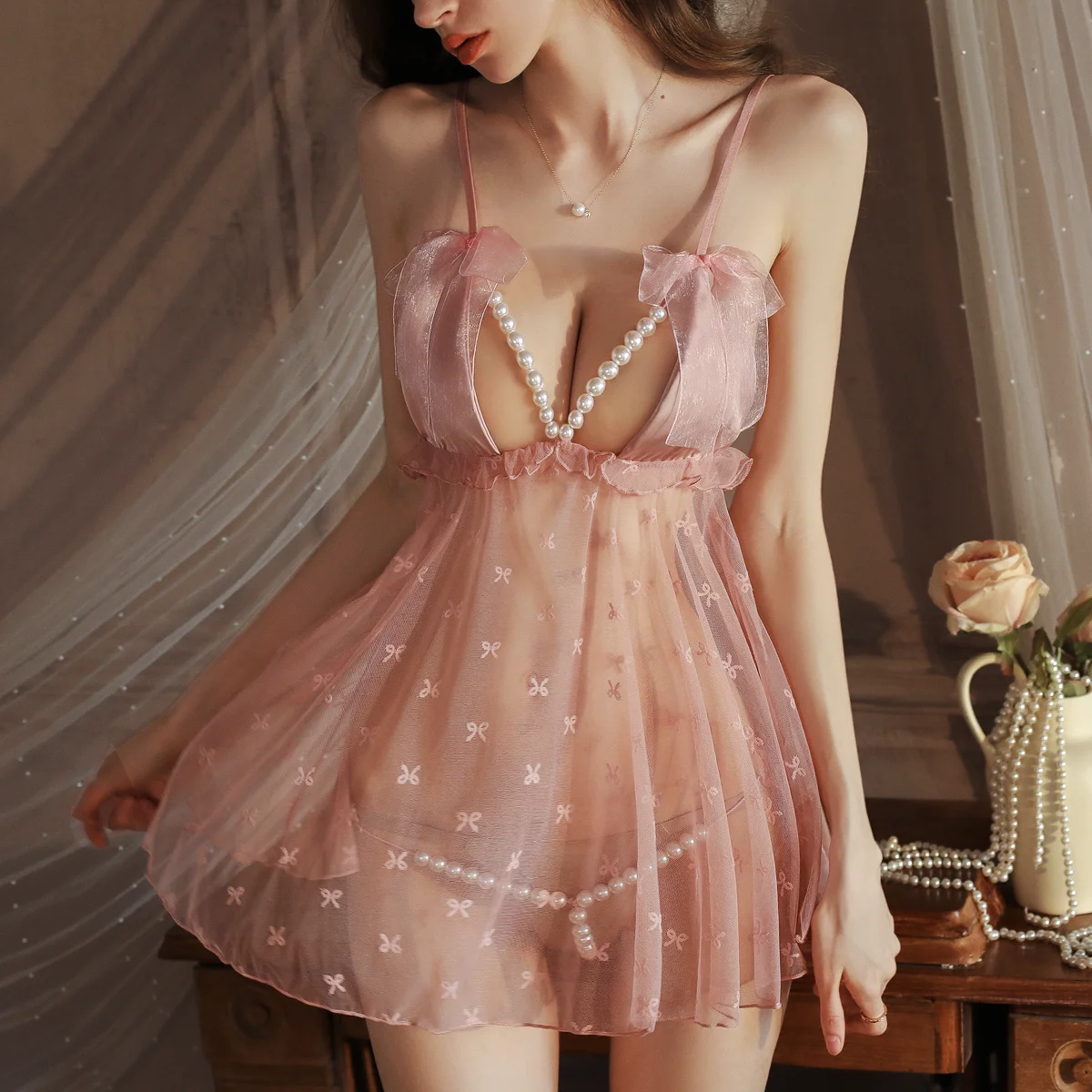 Erotic Costumes Sexy Lingerie Women Crotchless Sleepwear Pajamas Sets Lace Night Dress Open Bra Female Nightgown G-string