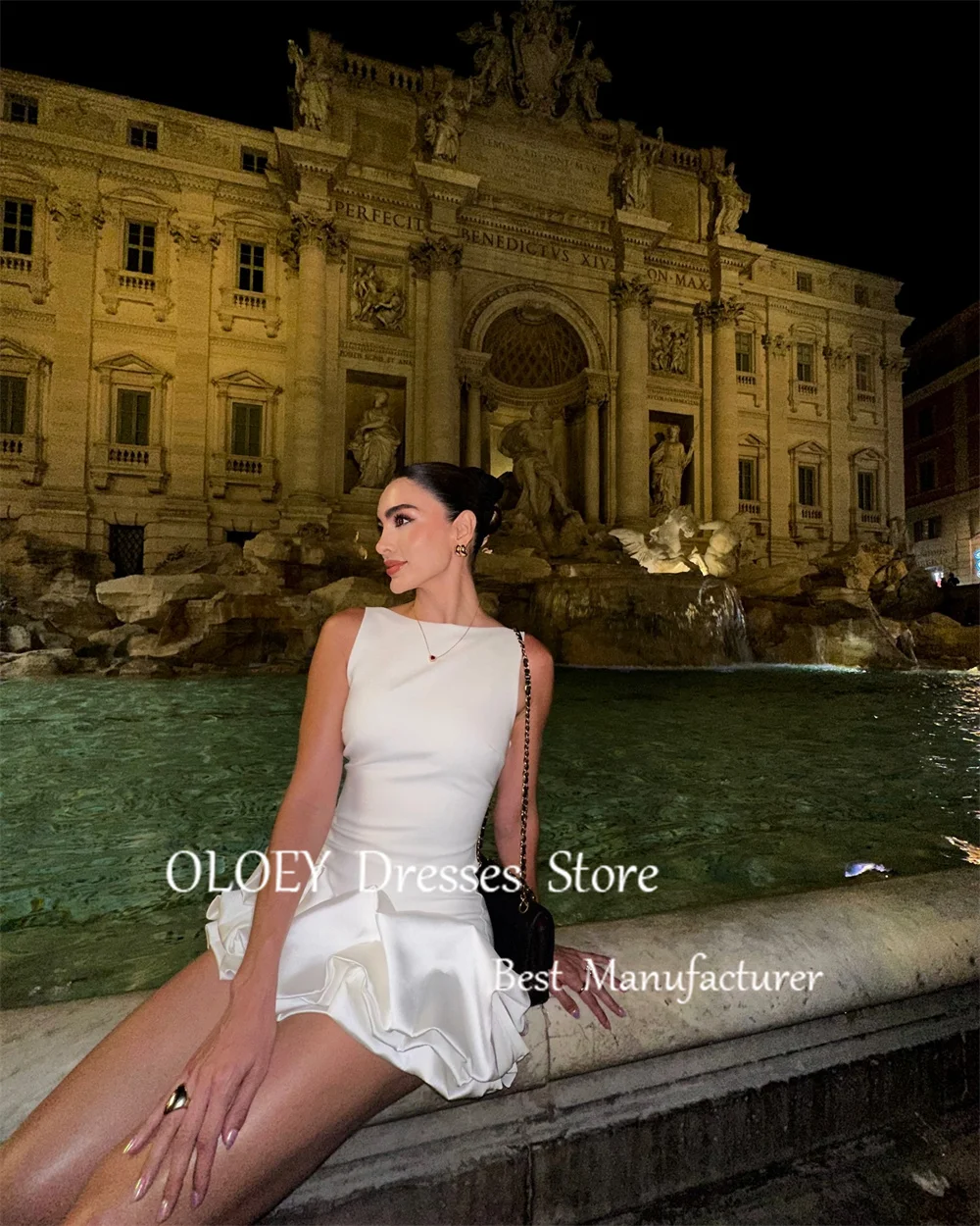 OLOEY Ivory Pleats Satin Mini Prom Cocktail Dress Sleeveless Short Wedding Party Dress Backless Zip Formal Prom Gown Made