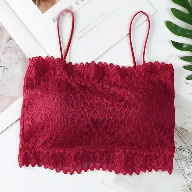 2021 Female Summer Crop Tank Top Women Fashion Deep V Lace Bras Embroidery Floral Tank Top Bra Wrapped Chest Camisole Padded Bra red 3
