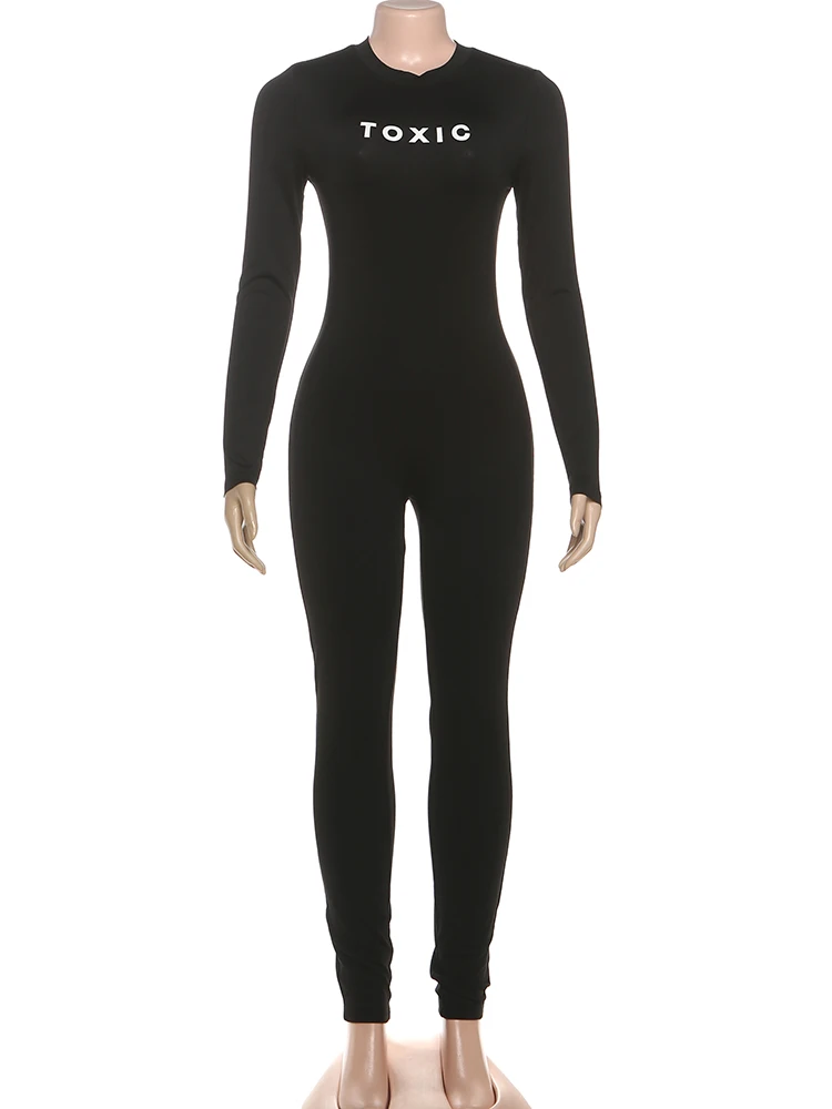 Nibber Stretch Jumpsuit Woman Casual Fashion Letter Print o-Neck Full Sleeve Skinny Daily Simple Basic Sporty Style Overalls