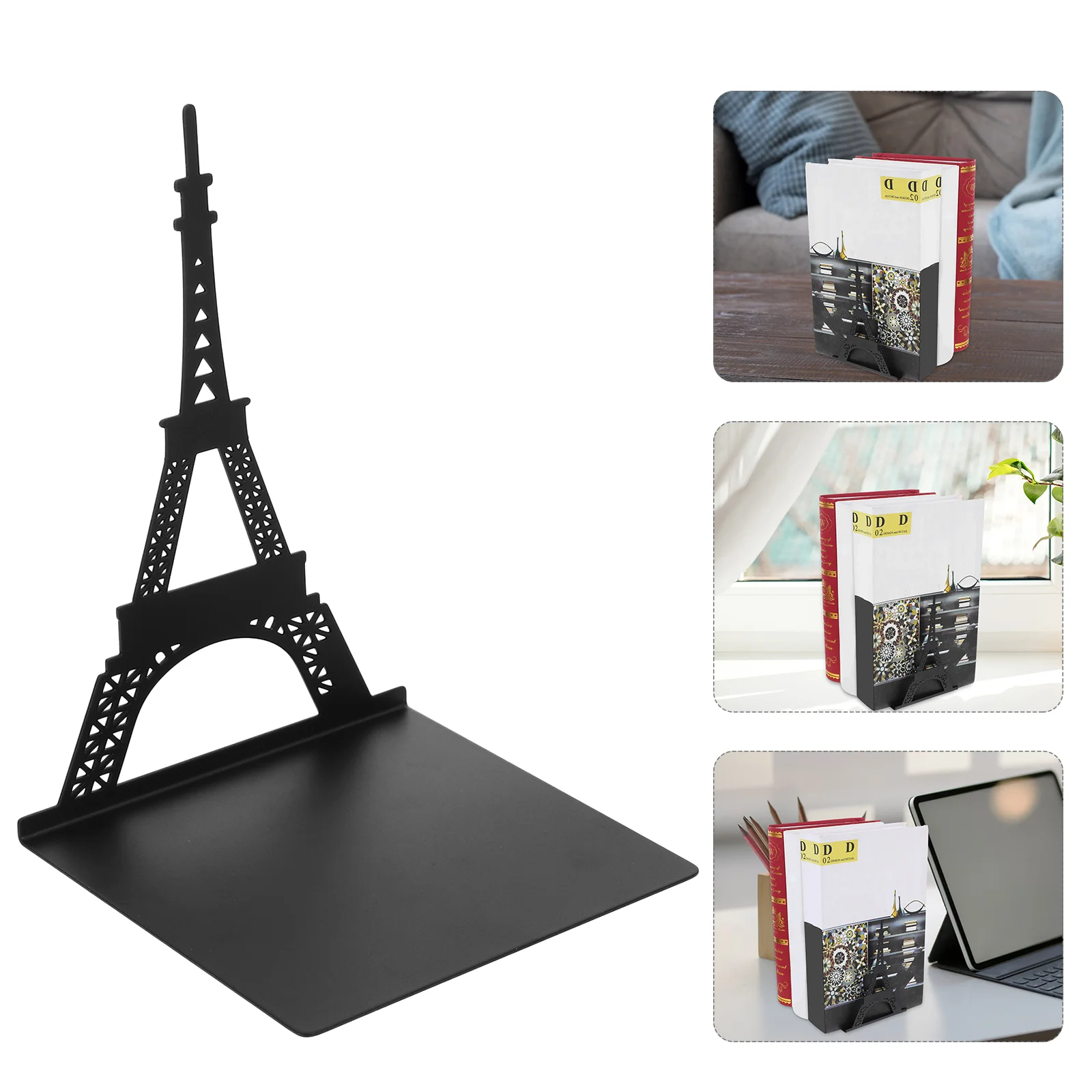 Metal Bookshelf Iron Hollow Desktop Storage Bookends (black Eiffel Tower Single) 1pc for Heavy Delicate Organizer