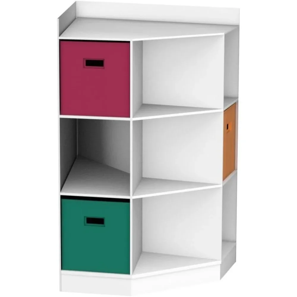Kids Bookcase with Large Storage Drawers, Children's Corner Cabinet with 6 Cubes and 3 Shelves, Wooden Storage Sideboard