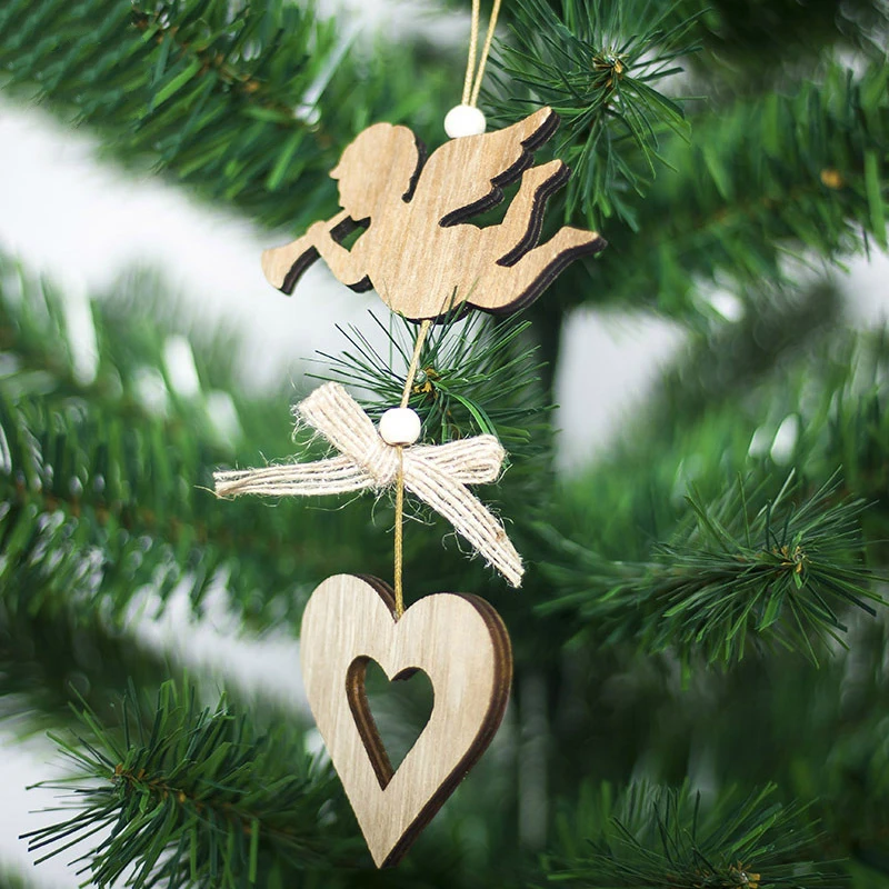 Creative Wooden Angel Tree Bell Star Pendants Ornaments Xmas Tree Hanging Ornaments Christmas Decoration Supplies