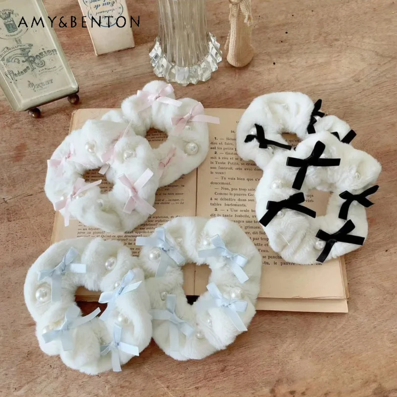 

Japanese Sweet Cute Bowk Pearl Furry Elastic Hair Bands All-Match Kawaii Elástico De Cabelo Infantil Double Horsetail Hair Ties