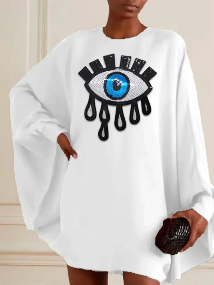 

Uoozee Urban Female Fashion Casual Blue Eye Applique Short Dress 2023 Spring Long Batwing Sleeves Loose Mini Dresses For Women