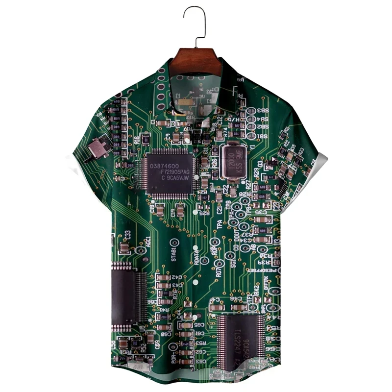 thumbnail image 1 of Camisa con estampado 3D de chip electrónico para hombre, camisa retro minimalista informal de verano, camisa personalizada con botón de ingeniero para hombre, 1 of 5